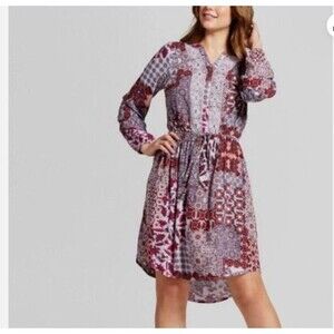 Knox Rose Womens XL Long Sleeve Boho Mixed Patchwork Dress Purple Gypsy Folk